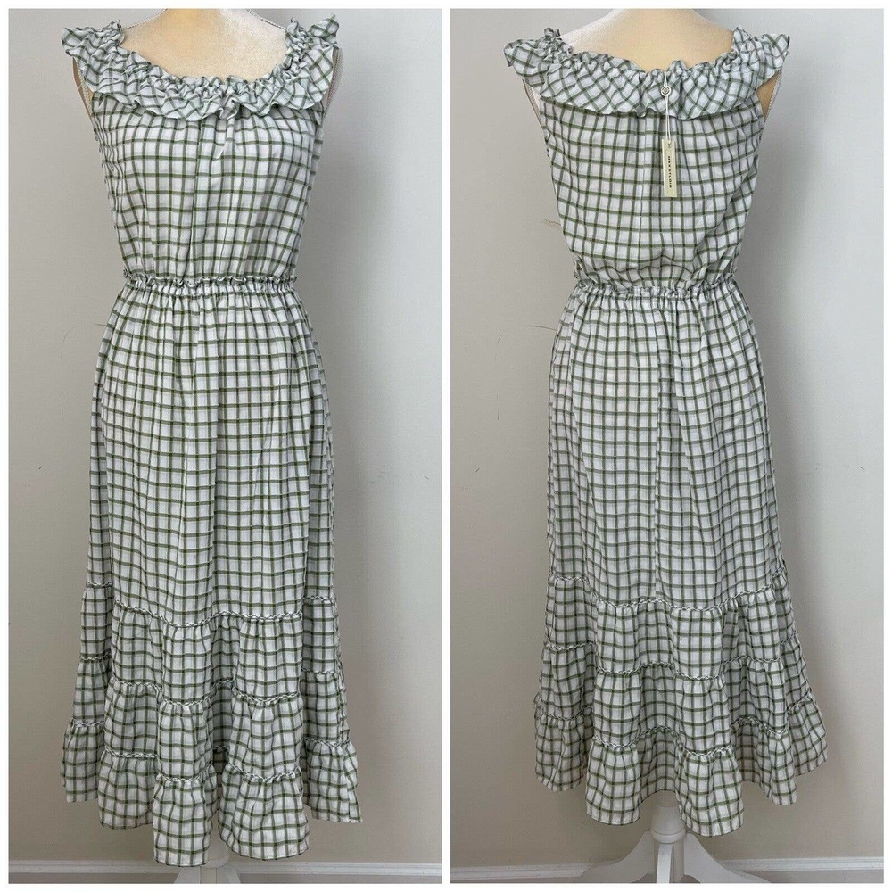 NWT Max Studio Ruffled Tiered Midi Dress Size S Green Gingham